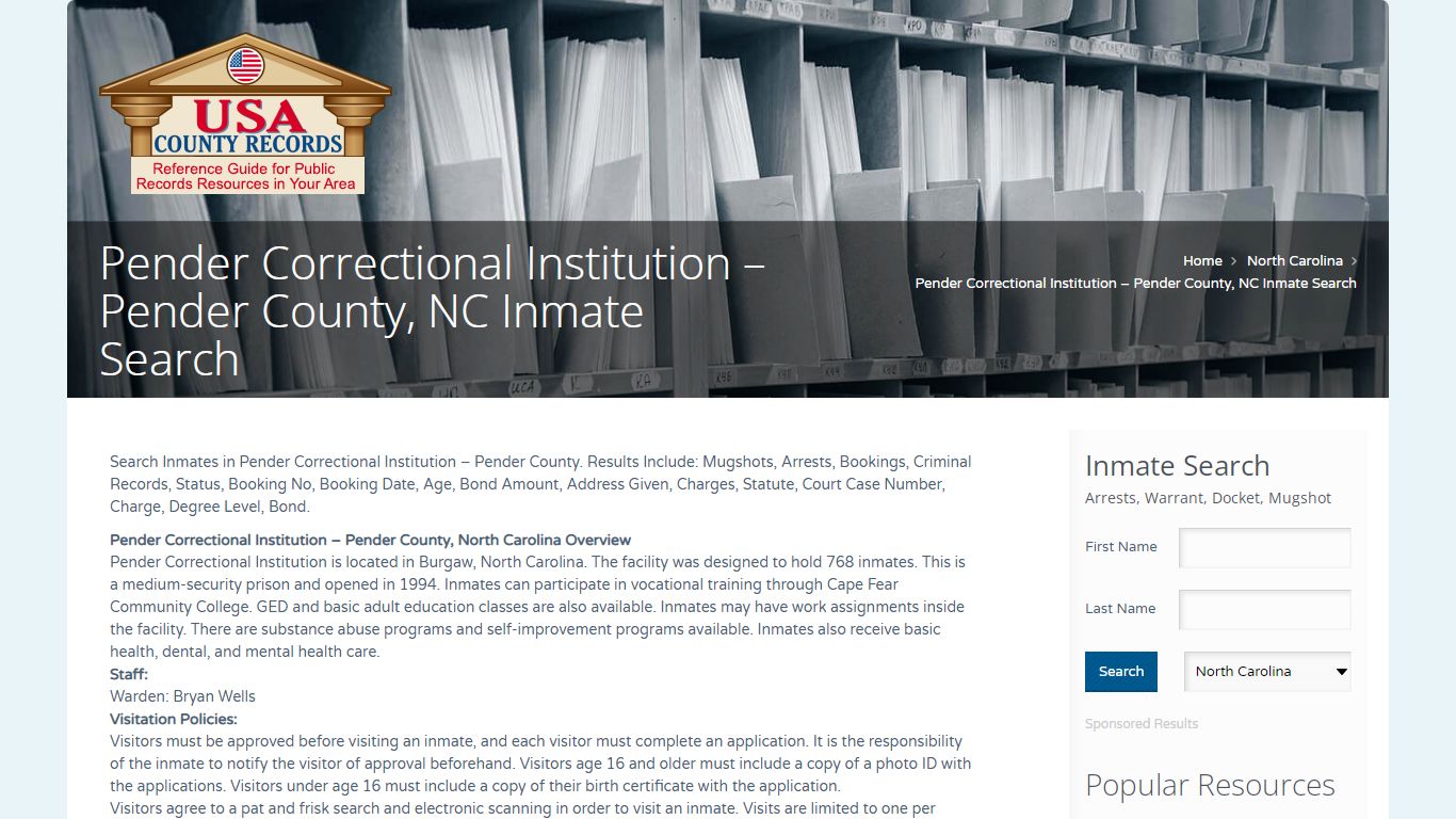 Pender Correctional Institution – Pender County, NC Inmate ...